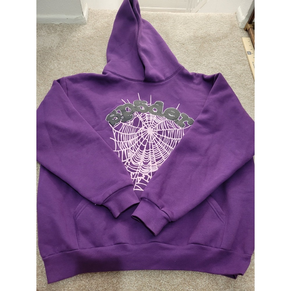 Sp5der Men Spider Web Graphic Purple Rhinestone Pullover Hoodie Young Thug XL